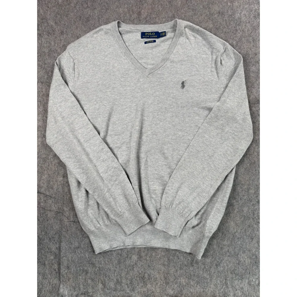 Polo Ralph Lauren Mens Pima Cotton V-Neck Sweater Gray Small Pony Logo Heather